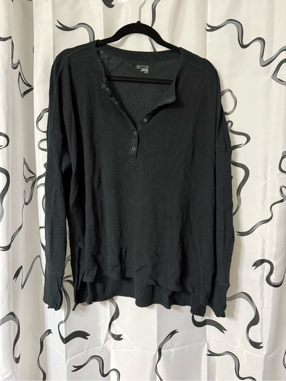 Offline by Aerie, Black Waffle-Knit Henley Long Sleeve Top, XL